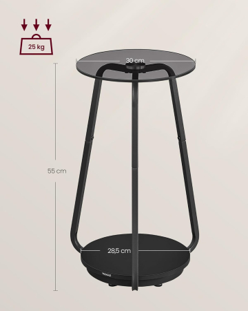 Mese cafea și decorative - Masuta rotunda tip noptiera, blat din sticla si raft inferior din PAL, cadru metalic, 30x30x55 cm, negru