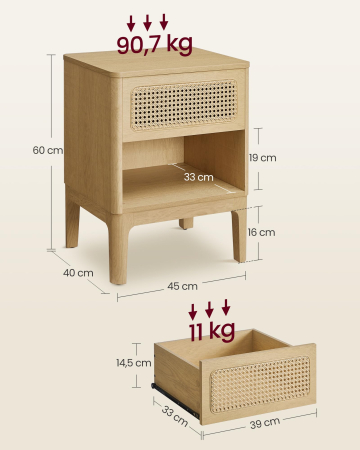 Dormitor - Noptiera 45x40x60 cm, cu sertar aspect ratan si raft, stil boho, PAL si MDF, natur
