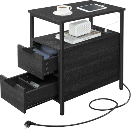 Articole pentru casă - Noptiera 60x35x61 cm, cu 2 sertare, rafturi si priza incorporata, PAL si otel, gri antracit si negru