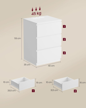 Dormitor - Noptiera cu 3 sertare, din PAL, cu 2 prize si 2 porturi USB, 40x35x59 cm, alb