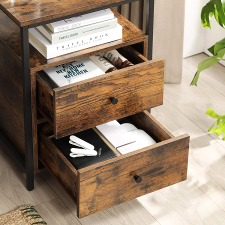Noptiera cu compartiment deschis, 2 sertare, stil industrial, 45x45x60cm, maro rustic si negru [2]