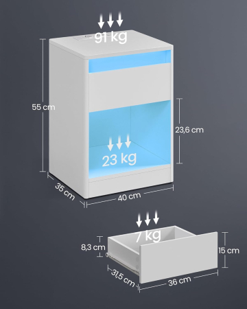 Dormitor - noptiera cu iluminare LED reglabila, 35x40x55 cm, 2 sertare, raft deschis, MDF si PAL, alb