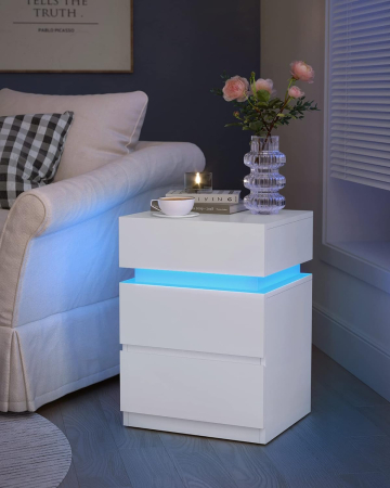 Articole pentru casă - Noptiera din MDF cu iluminare LED, culori si intensitate reglabile, 35x40x55cm, alb
