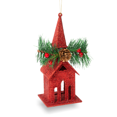 Ornament de brad cu agățătoare - biserică - 16 x 6.5 cm - roșie [1]