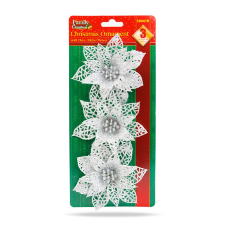 Ornament de Crăciun - cu cleme - floare cu sclipici - argintiu - 3 buc/pachet [1]