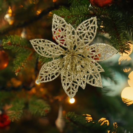 Articole pentru casă - Ornament de Crăciun - cu cleme - floare cu sclipici - auriu - 3 buc/pachet