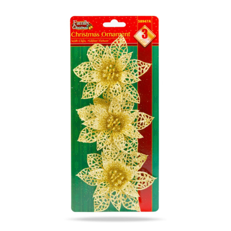 Ornament de Crăciun - cu cleme - floare cu sclipici - auriu - 3 buc/pachet [1]