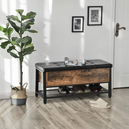 Pantofar de lemn cu spatiu de depozitare tip banca, cu sezut captusit si polita depozitare, stil industrial, 100x40x47cm, maro rustic si negru [4]
