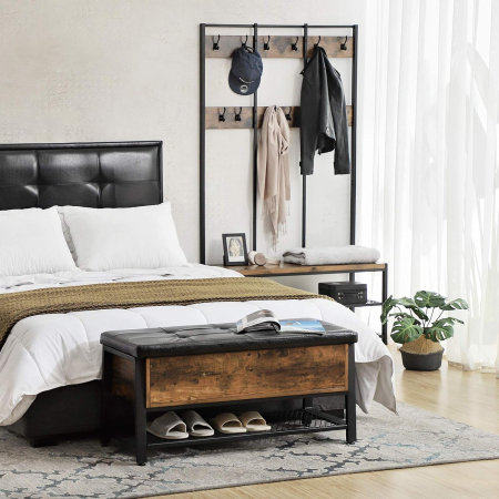 Pantofar de lemn cu spatiu de depozitare tip banca, cu sezut captusit si polita depozitare, stil industrial, 100x40x47cm, maro rustic si negru [1]