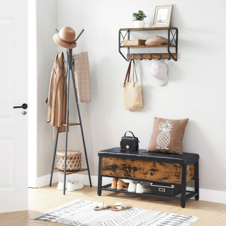 Pantofar de lemn cu spatiu de depozitare tip banca, cu sezut captusit si polita depozitare, stil industrial, 100x40x47cm, maro rustic si negru [10]