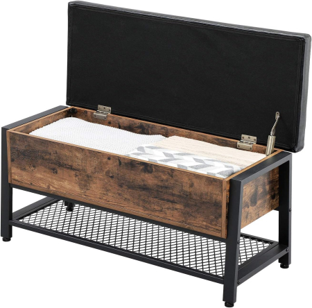 Pantofar de lemn cu spatiu de depozitare tip banca, cu sezut captusit si polita depozitare, stil industrial, 100x40x47cm, maro rustic si negru [3]