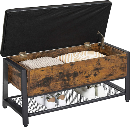 Pantofar de lemn cu spatiu de depozitare tip banca, cu sezut captusit si polita depozitare, stil industrial, 100x40x47cm, maro rustic si negru [9]