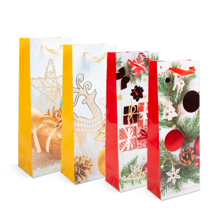 Produse de Crăciun - Pungă cadou pentru sticle - hartie, Craciun - 360 x 127 x 83 mm - 4 tipuri / pachet