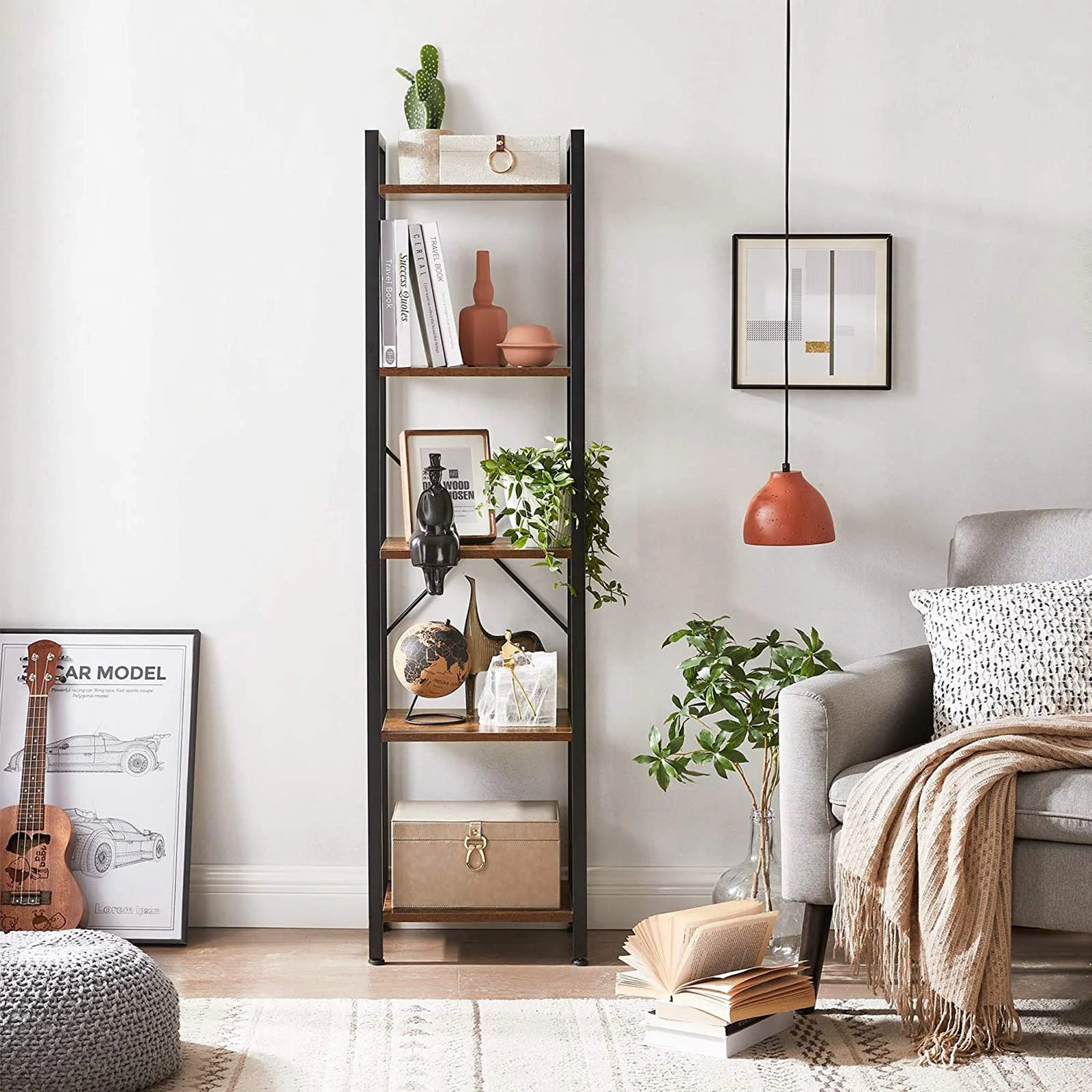 Articole pentru casă - Raft cu 5 etaje, tip biblioteca, cadru metal si polite lemn, 40x30x153cm, industrial, maro rustic si negru