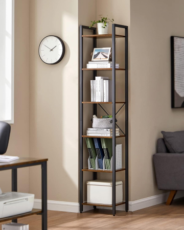 Articole pentru casă - Raft cu 6 etaje, tip biblioteca, cadru metal si polite lemn, 30x40x187cm, industrial, maro rustic si negru