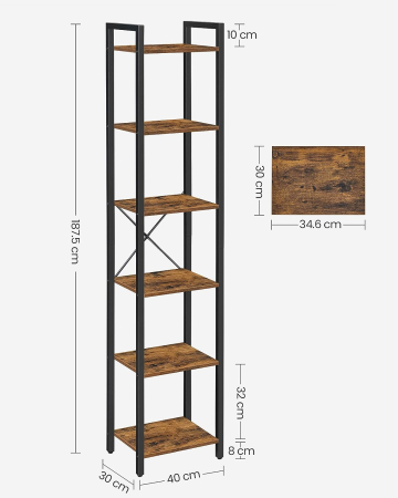 Raft cu 6 etaje, tip biblioteca, cadru metal si polite lemn, 30x40x187cm, industrial, maro rustic si negru [1]