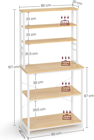 Raft de bucatarie cu spatiu pentru cuptorul cu microunde, 6 rafturi, otel, industrial, 40x80x167cm, maro stejar si alb [4]