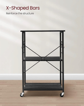 Raft de bucatarie pe roti, carucior de servire cu 3 rafturi, cadru metalic, 40x60x89 cm, design industrial, negru [4]