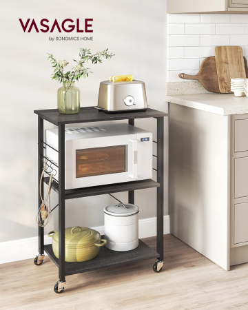 Articole pentru casă - Raft de bucatarie pe roti, carucior de servire cu 3 rafturi, cadru metalic, 40x60x89 cm, design industrial, negru