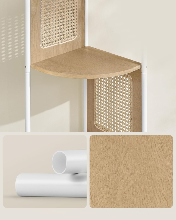Raft de colt boho, cadru metalic, polite MDF si panouri poliratan, 32x32x156cm, bej [3]