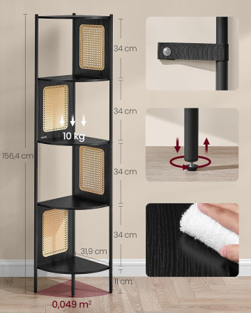Raft de colt boho, cadru metalic, polite MDF si panouri poliratan, 32x32x156cm, negru [1]