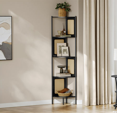 Raft de colt boho, cadru metalic, polite MDF si panouri poliratan, 32x32x156cm, negru [5]