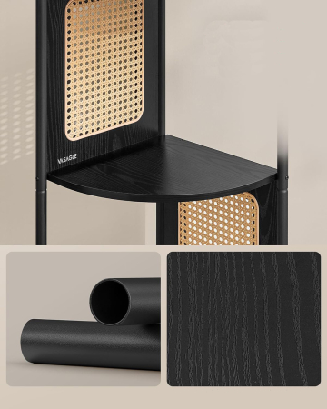 Raft de colt boho, cadru metalic, polite MDF si panouri poliratan, 32x32x156cm, negru [3]