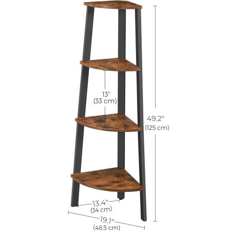 Raft de colt cu 4 etaje, tip biblioteca, cadru metal si polite lemn, industrial, 34x34x125cm, maro rustic [6]