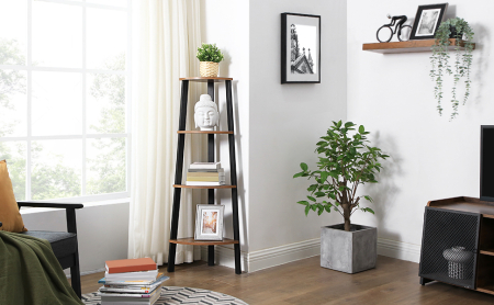 Articole pentru casă - Raft de colt cu 4 etaje, tip biblioteca, cadru metal si polite lemn, industrial, 34x34x125cm, maro rustic