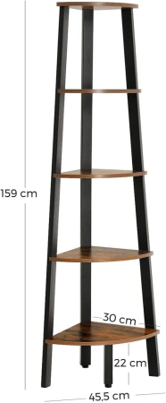 Raft de colt cu 5 etaje, tip biblioteca, cadru metal si polite lemn, 33x34x159cm, industrial, maro rustic si negru [1]