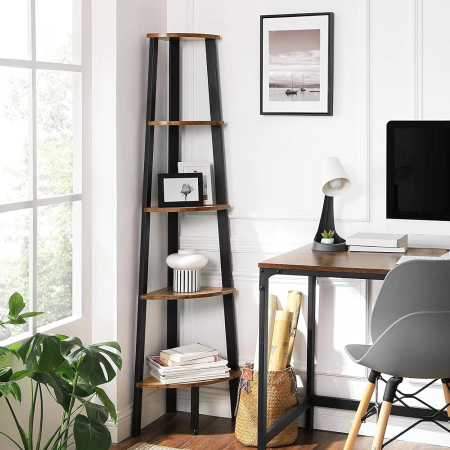 Articole pentru casă - Raft de colt cu 5 etaje, tip biblioteca, cadru metal si polite lemn, 33x34x159cm, industrial, maro rustic si negru