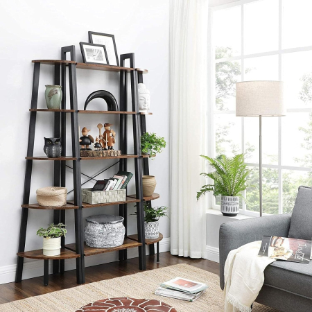 Raft de colt cu 5 etaje, tip biblioteca, cadru metal si polite lemn, 33x34x159cm, industrial, maro rustic si negru [2]