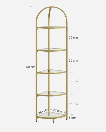 Raft de colt cu trepte pentru dormior, 5 etaje, din sticla securizata, cadru din otel, 28x28x158cm, auriu [3]