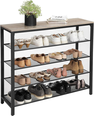 Raft de pantofi metalic, cu 4 nivele plus polita superioara, stil industrial, 100x30x93cm, gri si negru [8]