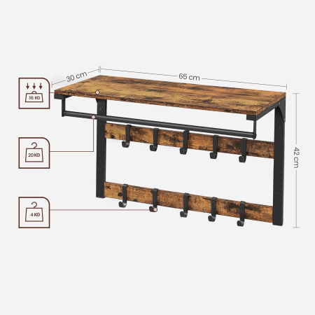 Raft de perete tip cuier, 10 carlige detasabile, sina pentru haine, 30x65x42cm, maro rustic si negru [3]