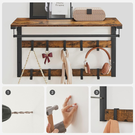 Raft de perete tip cuier, 10 carlige detasabile, sina pentru haine, 30x65x42cm, maro rustic si negru [4]