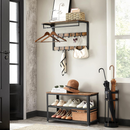 Articole pentru casă - Raft de perete tip cuier, 10 carlige detasabile, sina pentru haine, 30x65x42cm, maro rustic si negru