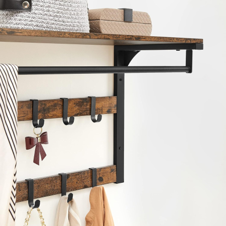 Raft de perete tip cuier, 10 carlige detasabile, sina pentru haine, 30x65x42cm, maro rustic si negru [6]