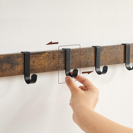 Raft de perete tip cuier, 10 carlige detasabile, sina pentru haine, 30x65x42cm, maro rustic si negru [5]