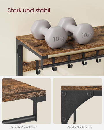 Raft de perete tip cuier, 10 carlige detasabile, sina pentru haine, 30x65x42cm, maro rustic si negru [10]