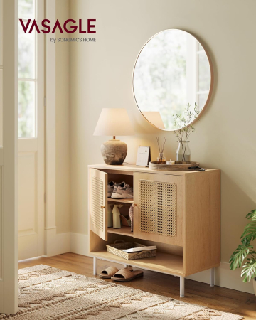 Articole pentru casă - Raft pantofi 3 usi cu aspect ratan, cadru PAL si picioare metalice, stil boho, 80x35x70 cm, stejar bej