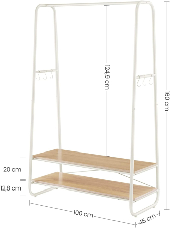 Raft pentru haine cu suport pentru pantofi, 2 polite, 6 carlige laterale, 45x100x160cm, alb-crem [7]