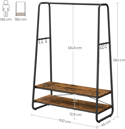 Raft pentru haine cu suport pentru pantofi, 2 polite, 6 carlige laterale, 45x100x160cm, maro rustic [5]