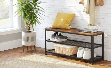 Raft pentru pantofi cu 2 polite, 100x30x45cm, otel, stil industrial, maro rustic si negru [7]