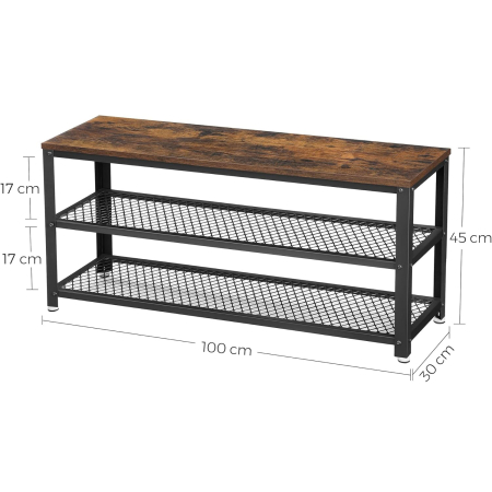 Pantofare - Raft pentru pantofi cu 2 polite, 100x30x45cm, otel, stil industrial, maro rustic si negru