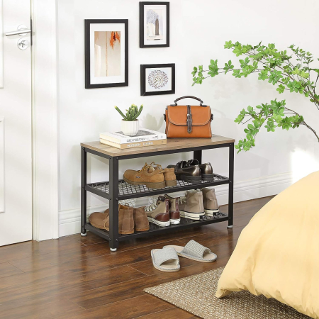 Pantofare - Raft pentru pantofi cu 2 polite, 73x30x45cm, otel, stil industrial, gri stejar si negru