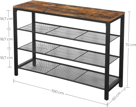 Raft pentru pantofi cu 3 polite, 100x30x72cm, otel, stil industrial, maro rustic si negru [1]