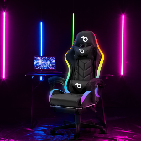Scaun gamer RGB LED - cu cotiere, perna - negru [1]