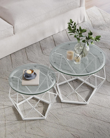 Set 2 masute rotunde, blat sticla securizata, cadru metalic alb, 40 si 50 cm, alb [5]