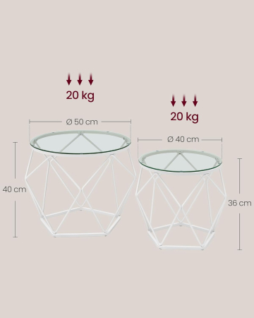 Mese cafea și decorative - Set 2 masute rotunde, blat sticla securizata, cadru metalic alb, 40 si 50 cm, alb
